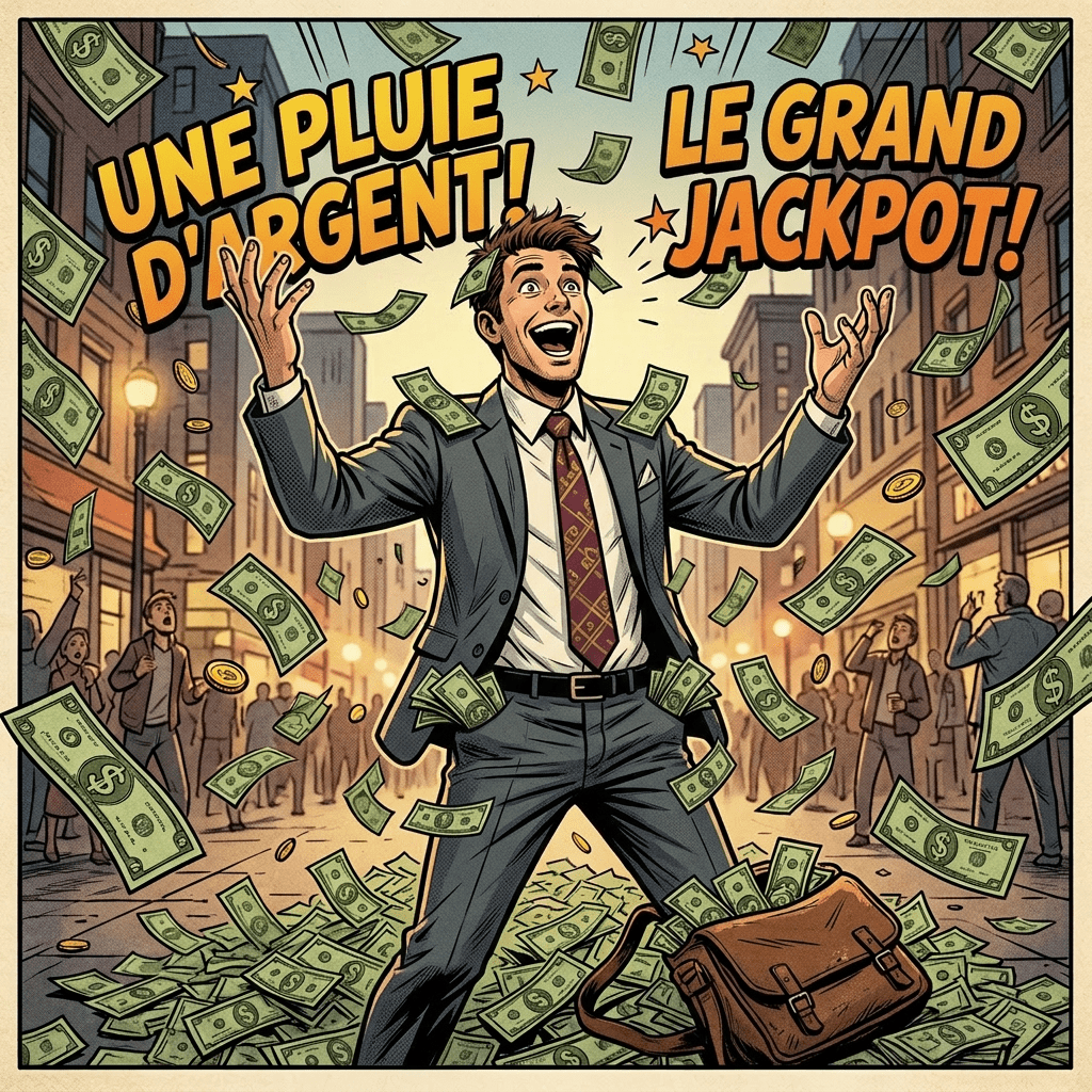 Man celebrating as cash and coins rain down around him on a city street