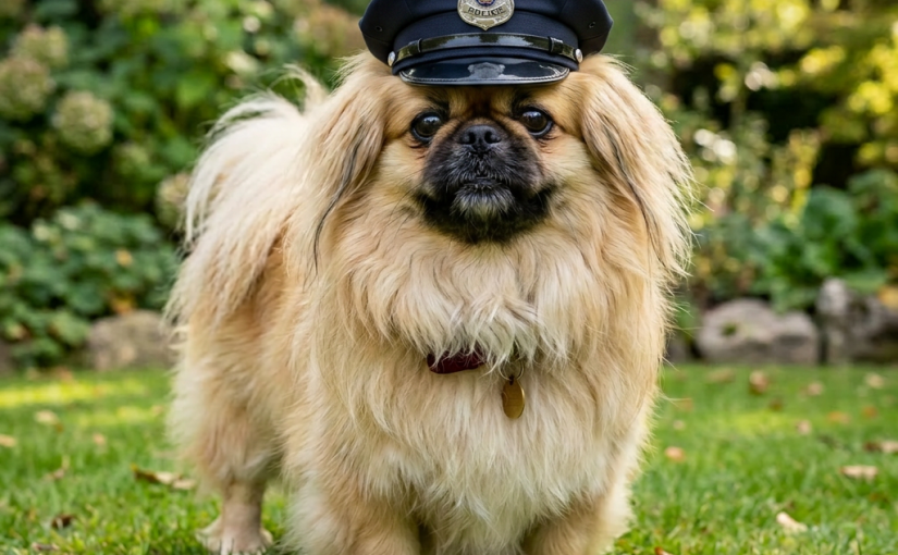 Small golden fluffy dog standing on green grass outdoors